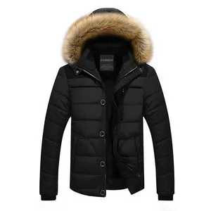 Men's Winter Cotton-Padded Coat Down Jackets Fleece Velvet Lined Warm Solid Full Zip Outdoor Jacket with Removable Fur Hood