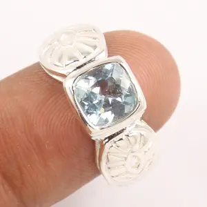 Blue Topaz Natural Gemstone Statement Designer Rings 925 Solid Silver 8 mm Cushion Faceted Engagement Wedding Jewellery