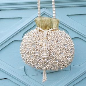 2021 Luxury Handbag with Zari Work Crystal Full of Pearls Silk Material New 'POTLI-BAG-ON' <b>Clutch</b> Bag for Parties and <b>Weddings</b> - Product Image 1
