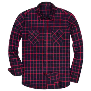 Men's Regular-fit Flap Pockets Navy & Red Long-Sleeve Plaid Flannel Shirt