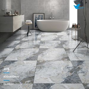 Carreaux de sol en céramique grise effet marbre indien brillant pour marches d'escalier, carreaux de sol en porcelaine 60x60cm - Product Image 2