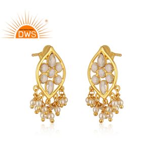 Boucles d'oreilles indiennes en argent 925, livraison gratuite, bijoux plaqué or, perles blanches, vente en gros - Product Image 2