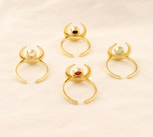 New design dainty pink chalcedony gemstone <b>ring</b> half crescent shape brass gold plated tiny <b>adjustable</b> woman wear designer <b>ring</b> - Product Image 6