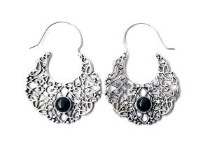 ต่างหูห่วงพลอยโอนิกซ์สีดำชุบเงิน925สำหรับผู้หญิงหินกลมสไตล์โบฮีเมียน - Product Image 2