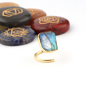 Bague en pierres précieuses de haute qualité labradorite fougueuse naturelle bague réglable ouverte avant bague en laiton plaqué or bague de réglage - Product Image 3