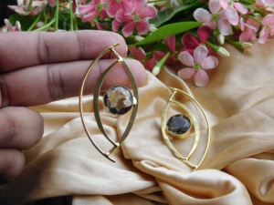 new designer latest trending handmade goldplated matte finish round stone <b>stud</b> hoop Brass <b>Earrings</b> for <b>girls</b> and women - Product Image 5