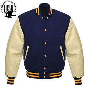 Chaqueta universitaria de lana de alta calidad para hombre, Mangas de cuero genuino con cuello levantado, parches bordados personalizables, diseño de letras recubiertas - Product Image 5