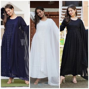 Hot Selling Readymade Indian Wear Anarkali Sequenz Chikankari Stickerei Kurti mit Dupatta Set für Mädchen Damen schwarze Farbe