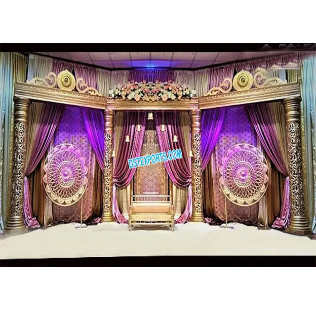 Tradisional Golden Serat Pernikahan Tahap/Mandap Grand Srilankan Tema Pernikahan Tahap Setup Grand Emas Ukir Srilankan Tahap