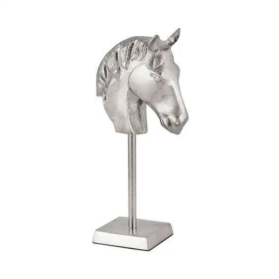 Escultura de cabeza de caballo, estatua de plata pulida, artesanía, novedad
