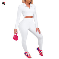 Ensemble tricot doux pour femmes, 2 pièces avec col rabattu et manches longues, fermeture éclair, vêtements de sport, nouvelle collection 1/4