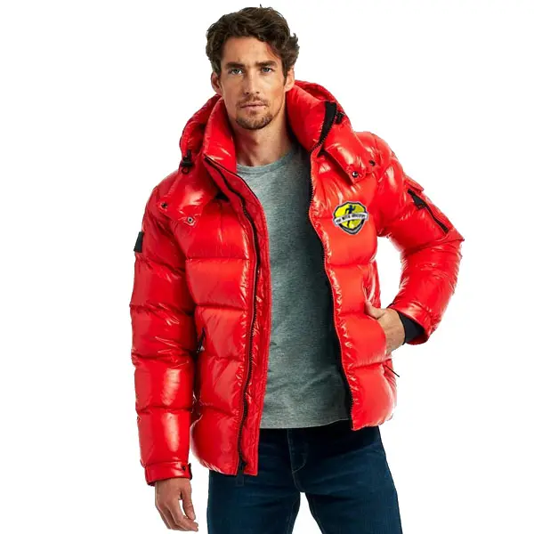 OEM Custom Puffer Jacket Lightweight Winter Warm Coat red bubble Jackets Padded Insulated Quilted Zip-off Hood Men's Jacket