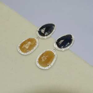 Pendientes de piedras preciosas de zafiro azul y amarillo Natural, pendientes de boda de Plata de Ley 925 largos para proveedores al por mayor - Product Image 4