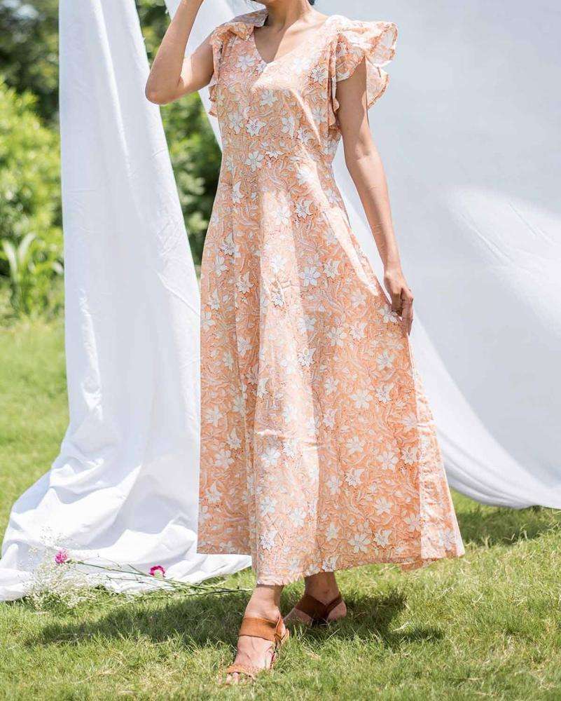 Casual Long Women Maxi Dresses Ruffle Sleeves Peach Color Hand Block  Printed Cotton Long Maxi Dress