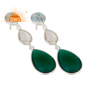 Boucles d'oreilles pendantes en topaze bleue, Quartz cristal et Onyx vert, bijou en argent, offre spéciale - Product Image 2