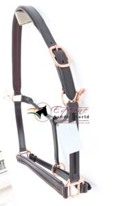 Cabestro de caballo de herrajes de oro rosa con cuero genuino y canal vacío en la nariz y la pieza de la mejilla - Product Image 6