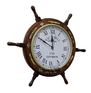 Décor de maison en bois Antique, Style nautique, 30 cm, décor de maison, brun, roues de direction, horloge murale en laiton, 1917 - Product Image 3