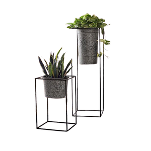 Galvanized <b>Planters</b> With Iron Stand Set Of Two Different Sizes Flower <b>Pot</b> For <b>Garden</b> Decor Accessories - Product Image 1