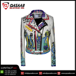 Blouson en cuir PU femme, court avec ceinture, à motif de Graffiti, de Style streetwear, automne et printemps, - Product Image 4