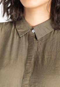 Olive Green Turn-Down Collar Shirt Dress Midi Length <b>Short</b> Sleeve Loose Fit 100% Cotton Casual Daily Wear Woven Fabric - Product Image 4