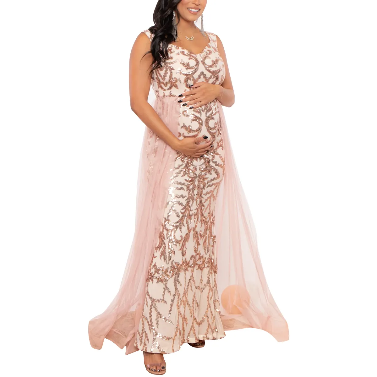 MATERNITY DEMI SEQUINS TULLE DRESS - ROSE GOLD Summer pregnant print clothing knit cheap maternity dress