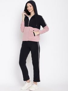 ชุดเสื้อมีฮู้ดมีซิปสำหรับผู้หญิงชุดวอร์มกางเกงสองชิ้นแบบลำลองสีตัดกันออกแบบโลโก้ได้ตามต้องการ - Product Image 2