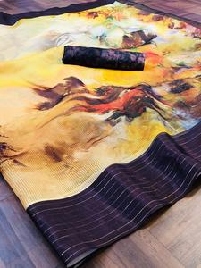 Sarees Seda Ropa de fiesta India Último diseñador Ropa de mujer Sari con blusa Japón Satén Crape Seda Telas suaves Impresión digital Sari Alphanumero - Product Image 6