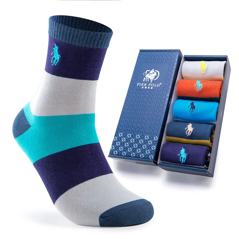 High Quality Custom Embroidered Logo Business Combed Cotton Stripes Polo Men Brand Socks With Box