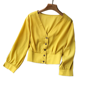 En gros Sexy Col En V Solide Femmes Chemisier Printemps Été Nouveau Boutons Chemises Minces - Product Image 2