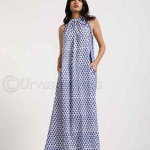 100% Pure Cotton Hand Block Printed O Neckline Drawstring <b>Dresses</b> <b>With</b> <b>Pockets</b> Stylish Long Designer Outfit Maxi for Women's - Product Image 1