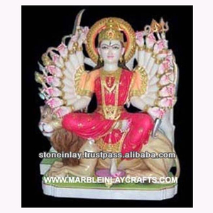 Statue Durga en marbre blanc, Statue chariot assis sur le Lion - Product Image 1