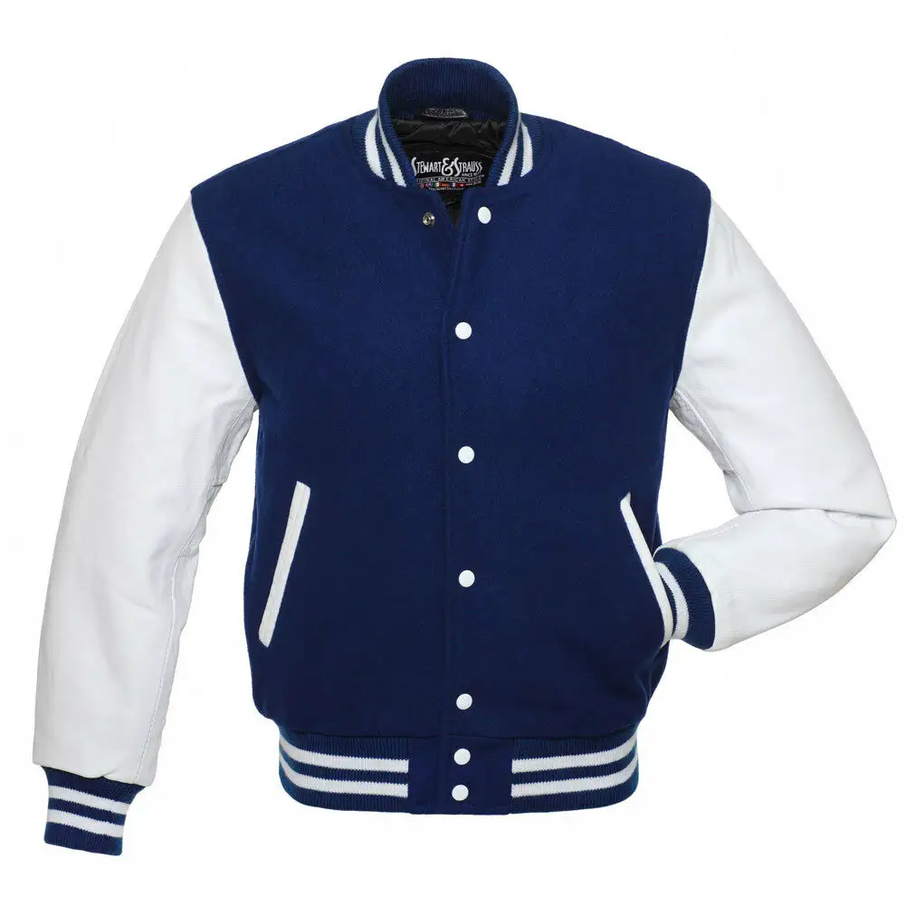 Men's Navy Blue Wool & White Leather Varsity Letterman Senior Jacket With Customized Design