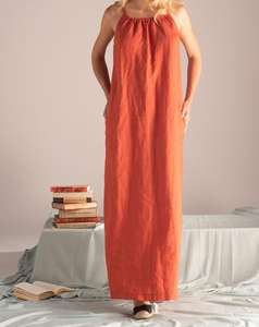 2026 New Arrival Fashionable Trending Latest 100% Linen <b>Red</b> orange Color V-neck <b>Floor</b> <b>Length</b> Sleeveless Formal Women Linen <b>Dress</b> - Product Image 3