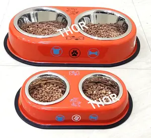 Double Dog Pet Feeder Bowl Stainless Steel No-Spill Paw & Bone Design Dog Set of 2 Drinking Water Bowls