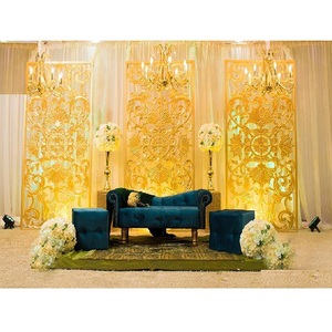 Panneaux de fond de scène de mariage marocain moderne, cadre en fibre dorée, décorations de mariage traditionnelles arabes en FRP personnalisées - Product Image 1