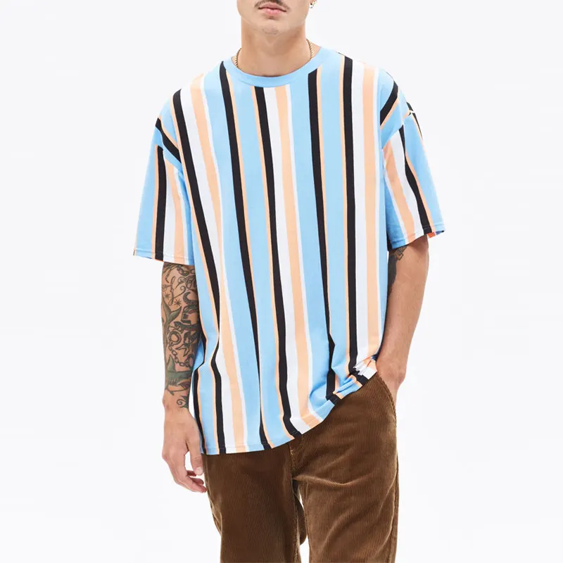 New Latest Printed Sublimation lining t shirts OEM striped printed top vintage vertical stripe oversized men casual wear t shirt