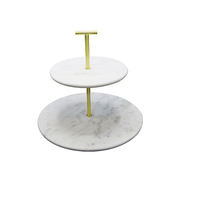 Support à gâteau en marbre à deux niveaux avec poignée en métal doré, forme ronde, pour présentation sur table, décoratif