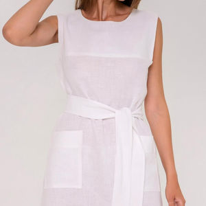 Vestido Mini de Lino 100% Tejido, Cuello Redondo, Sin Mangas, para Mujer, Disponible en Tallas Regular y Petite - Product Image 1