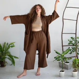 Nouveau Bohème Lin trois pièces Avec 50% Coton crêpe brun solide à manches longues Tissu palazzo et veste robe en lin - Product Image 1