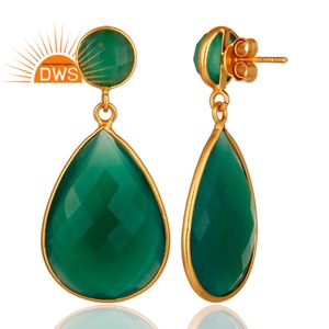 Handmade 18K Gold Plated Silver Natural Green Onyx Girls Designer Dangle Earrings Jewelry Supplier - Product Image 3
