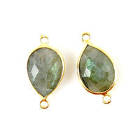 Konektor liontin batu permata Labradorite bentuk pir abu-abu 10x14MM, perak sterling berlapis emas, dua lingkaran, untuk perhiasan kalung