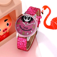 Montres pour garçons et filles avec bracelet en cuir noir à paillettes de diamant, logo personnalisé mignon, dessin animé