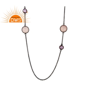 Joaillerie — collier en pierre précieuse noire, plaqué argent 925, vente en gros, améthyste et Roes, calcédoine, pierre précieuse, bijoux - Product Image 1