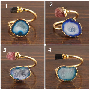 La plus nouvelle vente bleu naturel geode druzy & tourmaline noire bague plaqué or anneau réglable guérison métaphysique bague - Product Image 2