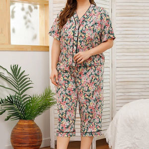 latest design plus size night wear <b>for</b> <b>women</b> wholesale luxury cotton <b>Pajamas</b> short sleeve flower v-neck <b>summer</b> causal wear - Product Image 1