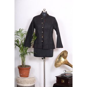 เสื้อแจ็กเก็ตฤดูหนาววินเทจผ้าคอตตอนเย็บปะต่อกันด้วยมือผ้าถักมีกระดุมตกแต่งสั้นความยาวเบา - Product Image 4
