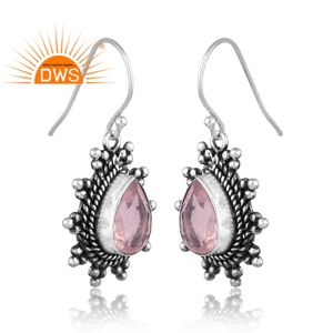 Pendientes colgantes de piedras preciosas de cuarzo rosa Natural de Plata de Ley 925 oxidada, fabricante de joyas - Product Image 2