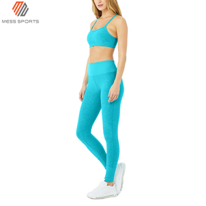 <b>Turquoise</b> Seamless Yoga Set Racerback Crop <b>Top</b> High Waist Full Length Leggings Breathable Spandex Polyester 2 Piece - Product Image 3