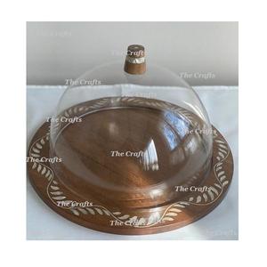 Plateau de service en bois de couleur marron avec dôme en verre plateau de service de qualité supérieure avec couvercle pour vaisselle - Product Image 3
