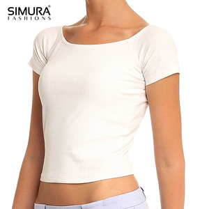 Haut court côtelé blanc pour femme SIMURA, col rond, manches courtes, débardeur décontracté, mélange de coton et élasthanne respirant - Product Image 1